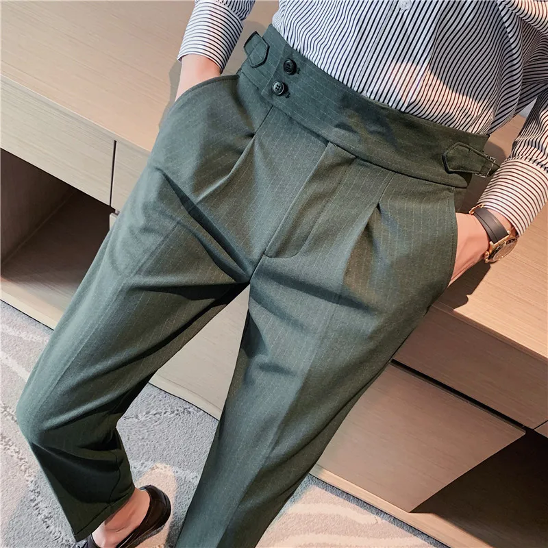 

British Style Autumn New High Waist Dress Pants Fashion Striped Straight Slim Fit Suit Pants Formal Wedding Social Male Trousers