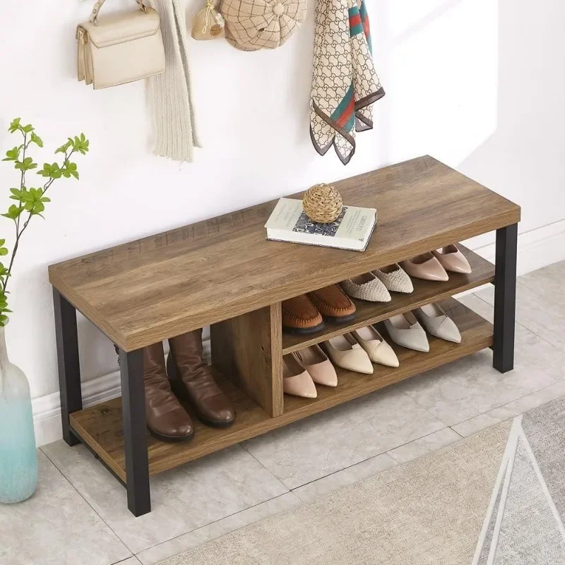 Industrial Entryway Bench Rustic Wood and Metal Shoe Storage Bench Seat for Living Room Oak