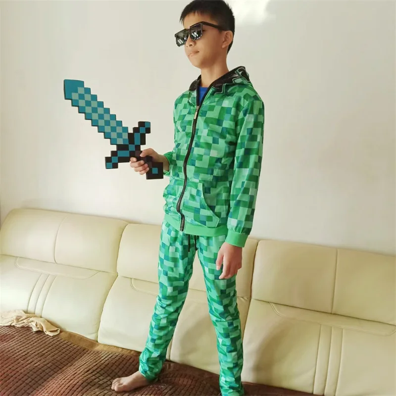 New Sportswear Kids Children Halloween Green Cosplay Costume Funny clothing Birthday Party boys M-Creeper games Set Headgear