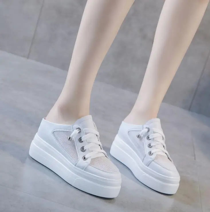 عالية العلامة التجارية 8 سنتيمتر منصة النعال حذاء بكعب ويدج المرأة الصيف منصة عالية الترتر النعال الهواء شبكة تنفس أحذية الصيف النساء