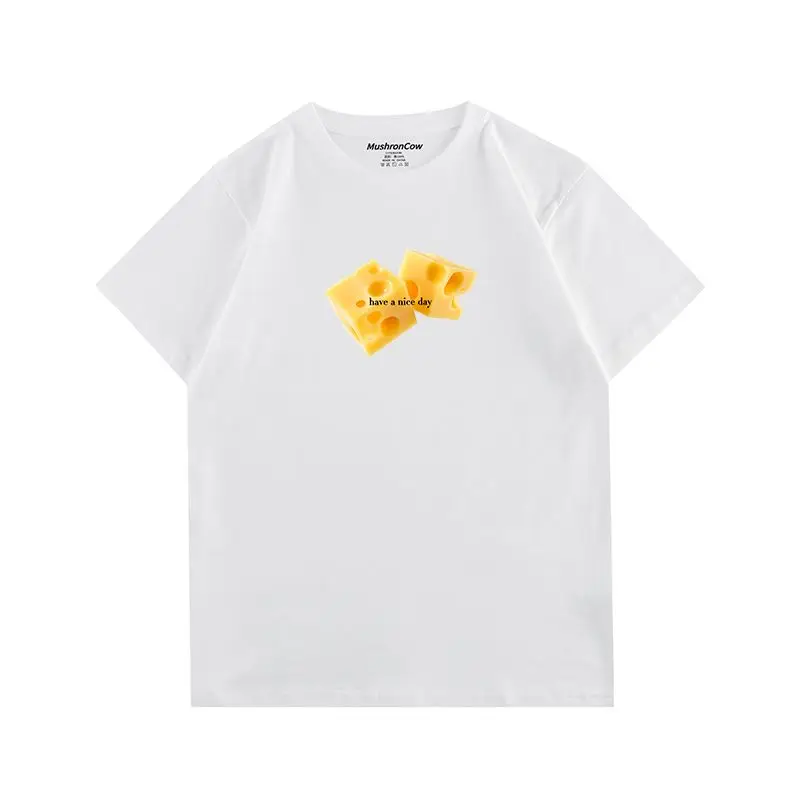 تي شيرت American High Street Cheese Printing سهل ومريح للترفيه بأكمام قصيرة مع الرجال والنساء #2