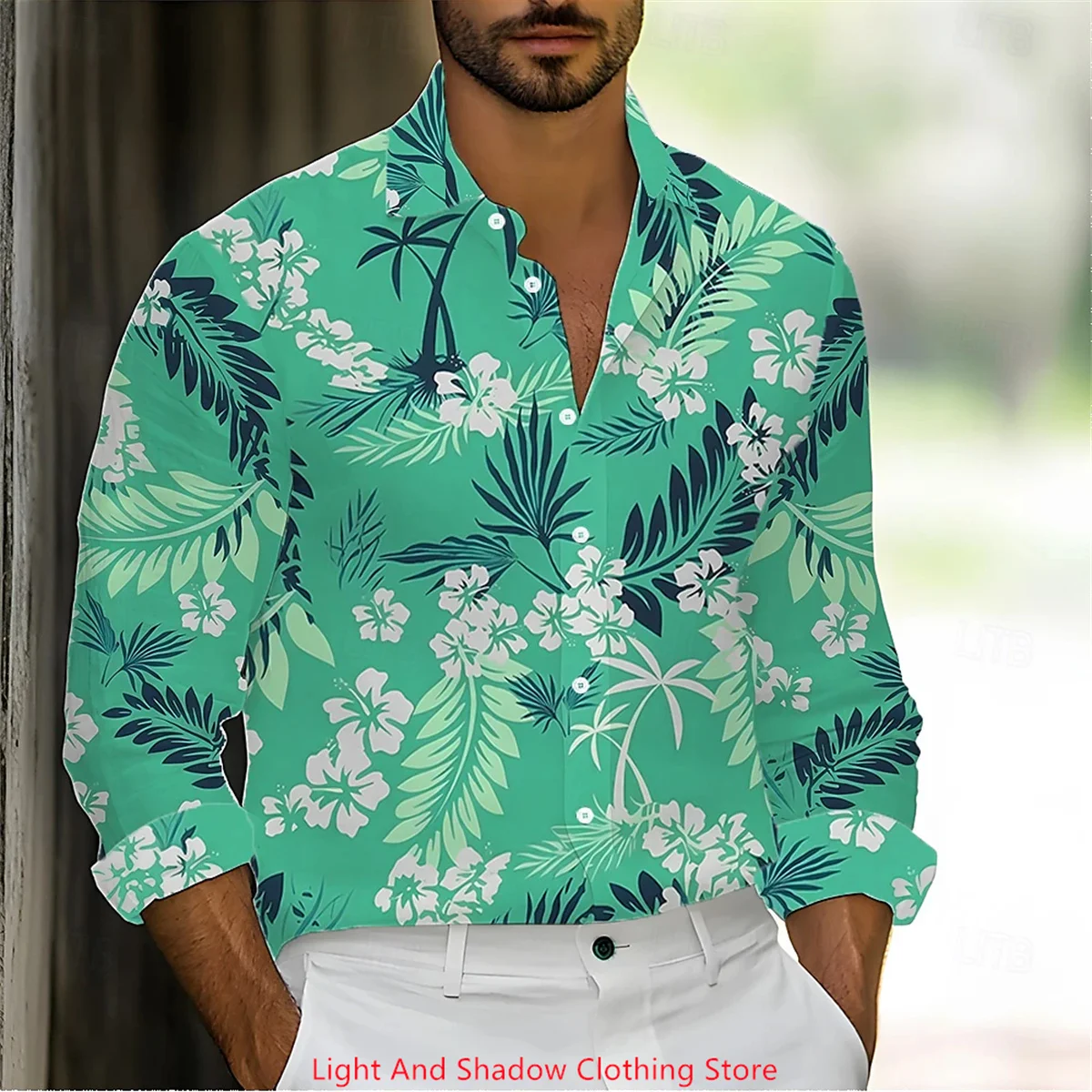 Men's Tropical Plant Palm Tree Pattern Printed Shirt Fashion Hawaiian Style Long Sleeve Collar Shirt Street Comfort Shirt