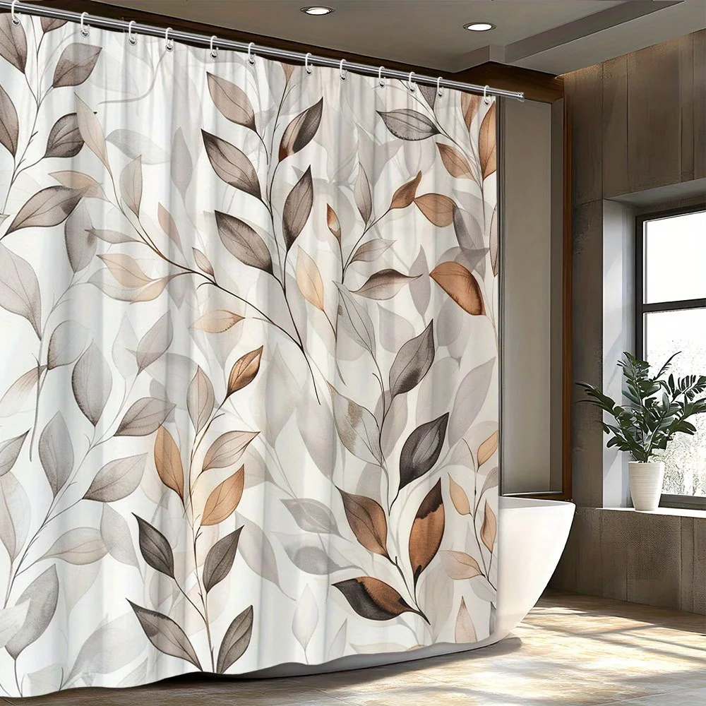 1 Minimalist Natural Shower Curtain - Abstract watercolor branches and leaves in earthy brown and taupe tones, polyester fabric