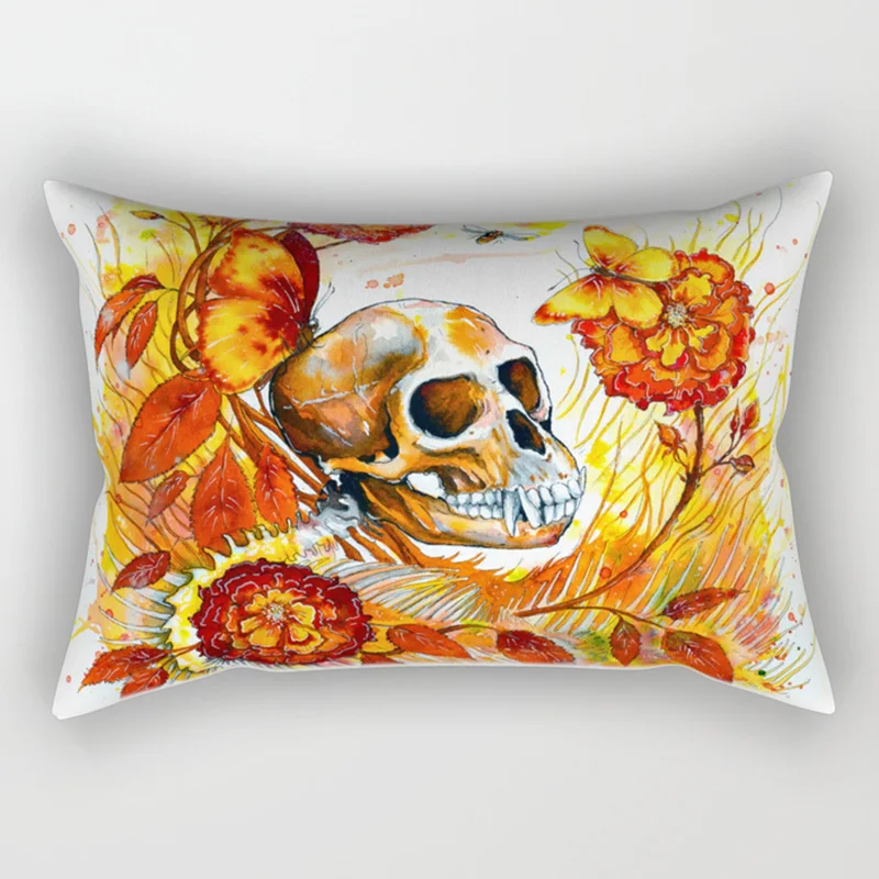 Yellow Flowers Skull  Oil Painting Eyes  Pillow Covers Short Plush Rectangle Small Pillow Cases Size 50cm By 30cm