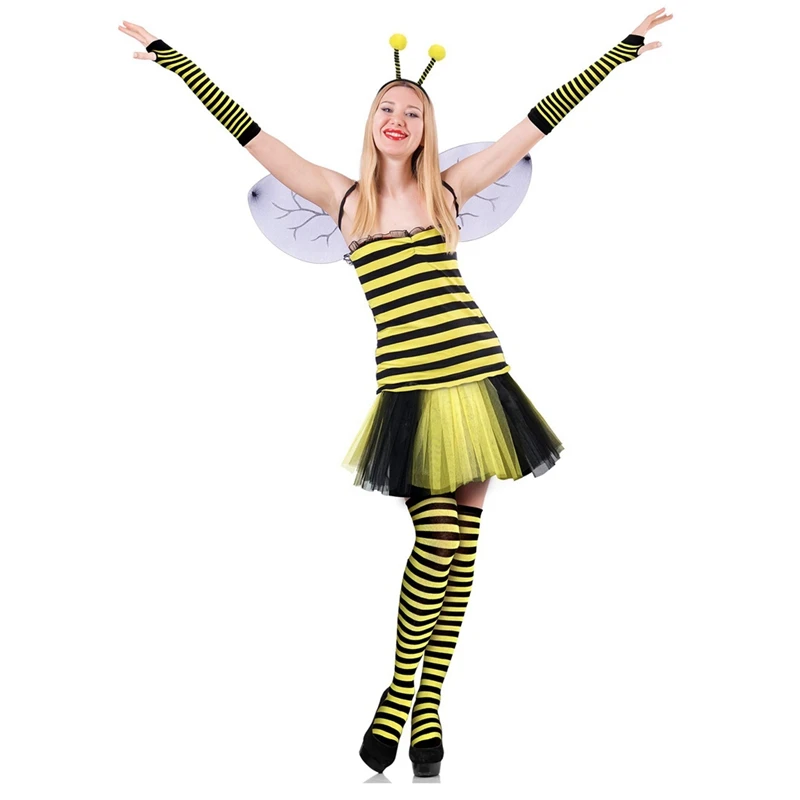 A36I-Bee Costume Kit For Adult Halloween Bee Costume Tutu Skirt Bee Striped Knee Thigh High Stocking Long Gloves