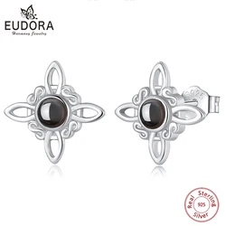 Eudora 925 Sterling Silver Witch Knot Earrings for Women Obsidian Irish Celtic Knot Stud Earrings Witchcraft Jewelry Party Gift