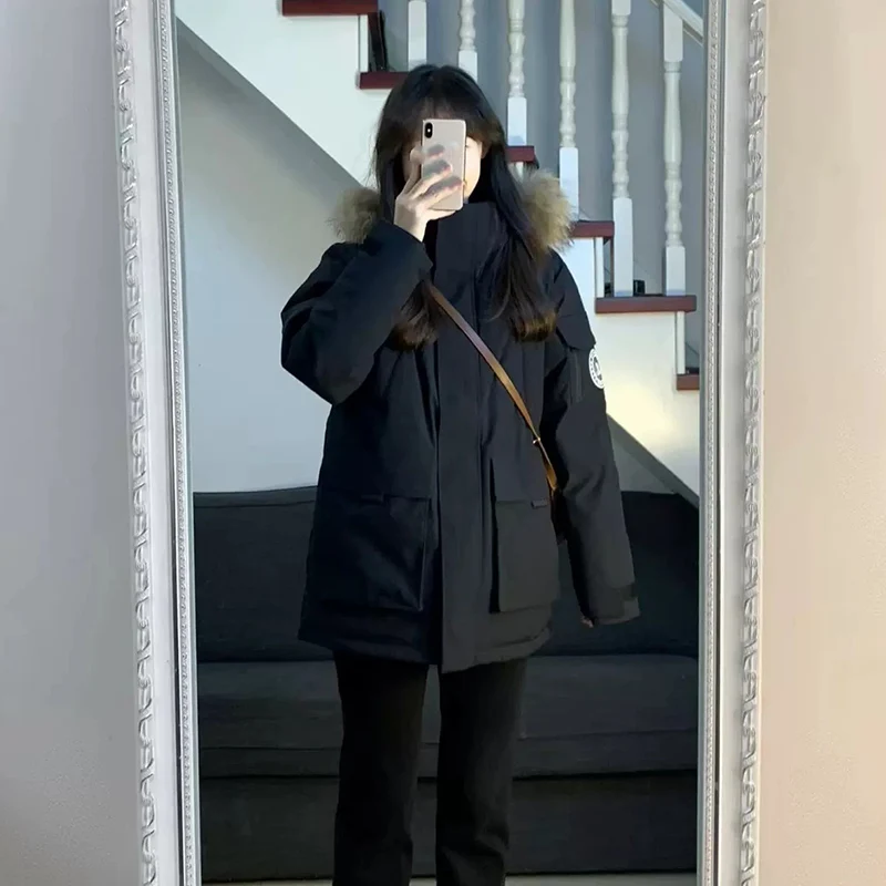 

Korean Fur Collar Hooded Parkas Women Loose Casual Zipper Up Mid-Long Parka Jacket Woman Winter Thicken Warm Cotton Jackets Lady