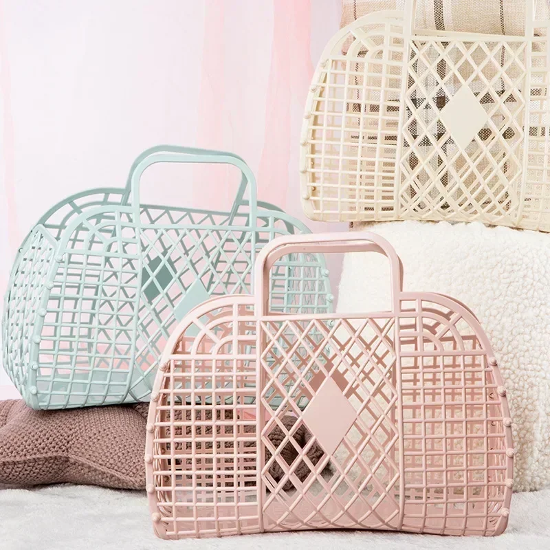 

Hot Women Summer Jelly Bag Portable Vegetable Basket Hollow Jelly Bag Girl Large Capacity Holiday Handbag Jelly Beach Tote Bags