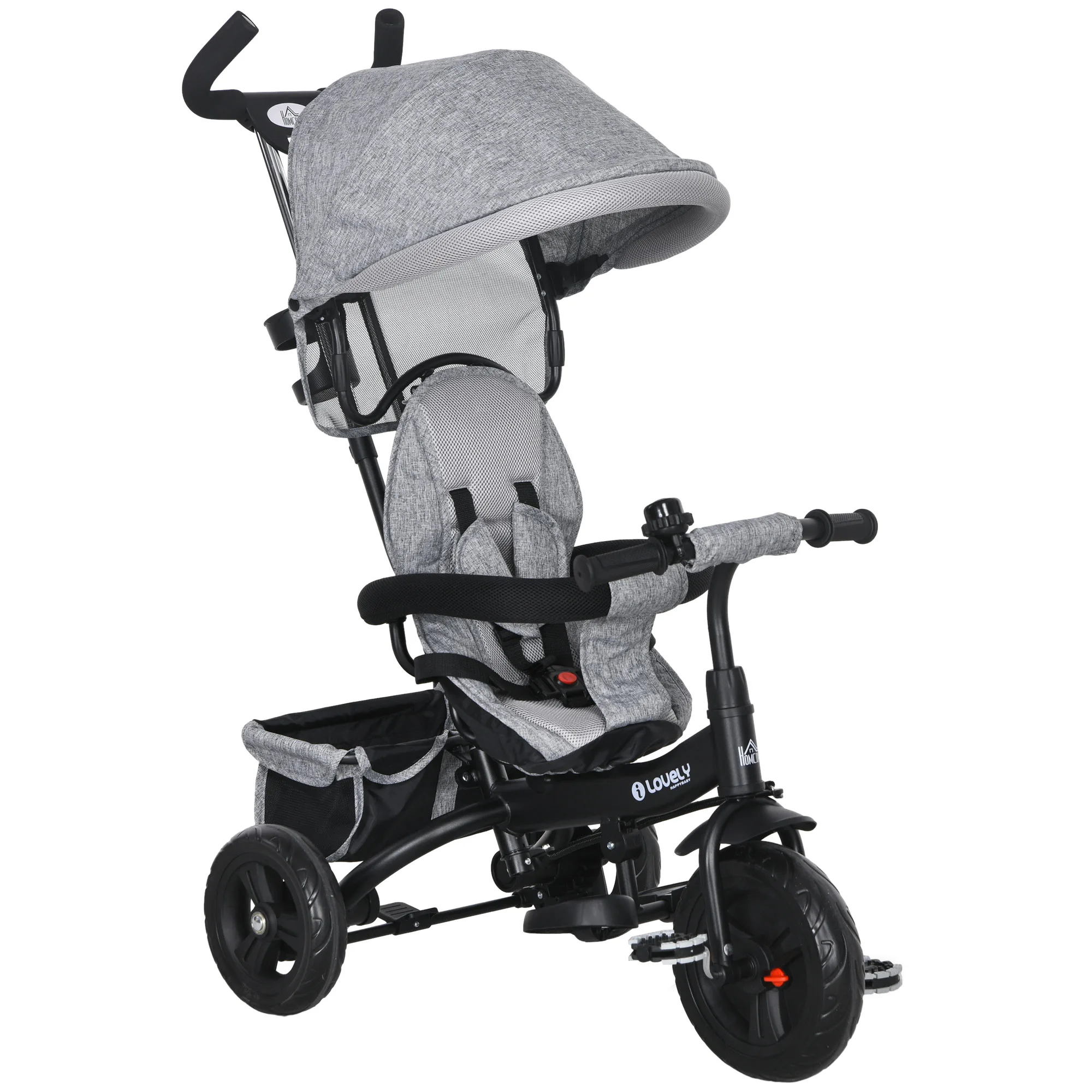 HOMCOM baby tricycle 6 in 1 with awning folding safety belt Gray