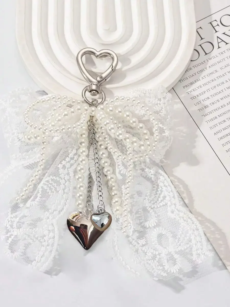 Pearl Beaded Bow Heart Pendant Keychain
