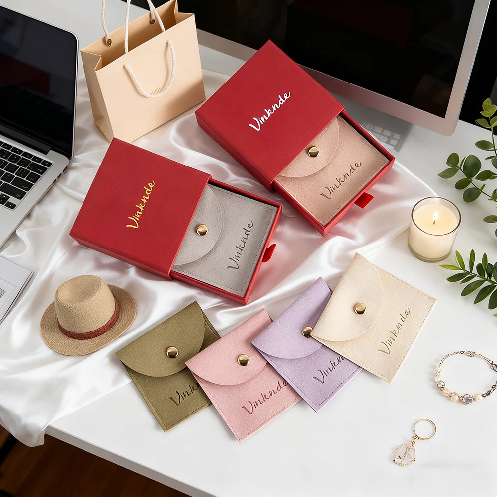 

Custom Logo Jewelry Packaging Box Velvet Snap Bag Wearing Armor Earring Necklace Storage Gift Pouch Paper Pull-out Drawer Boxes