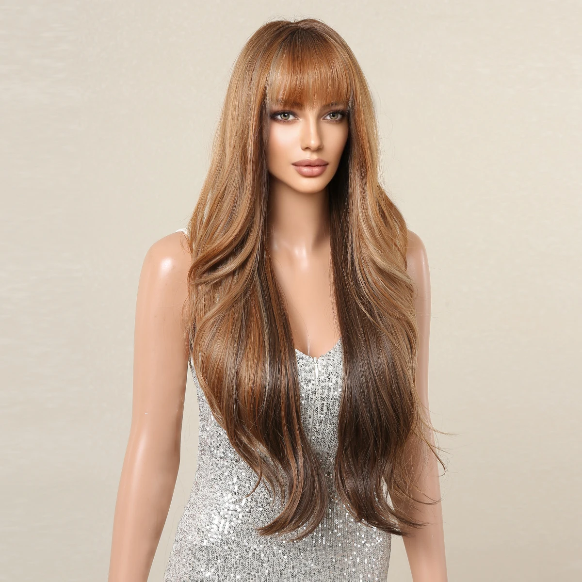 EASIHAIR Mixed Brown Layered Long Wig Synthetic Wavy Wigs with Bangs for Women Natural Looking Cosplay Daily Hair Heat Resistant