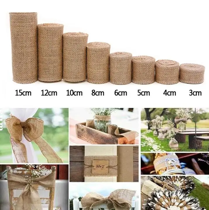 20M Natural Jute Burlap Fabric Jute 3-30CM Roll Hessian Ribbon Roll Burlap Table Runner Wedding Party Supplies Spring Decoration