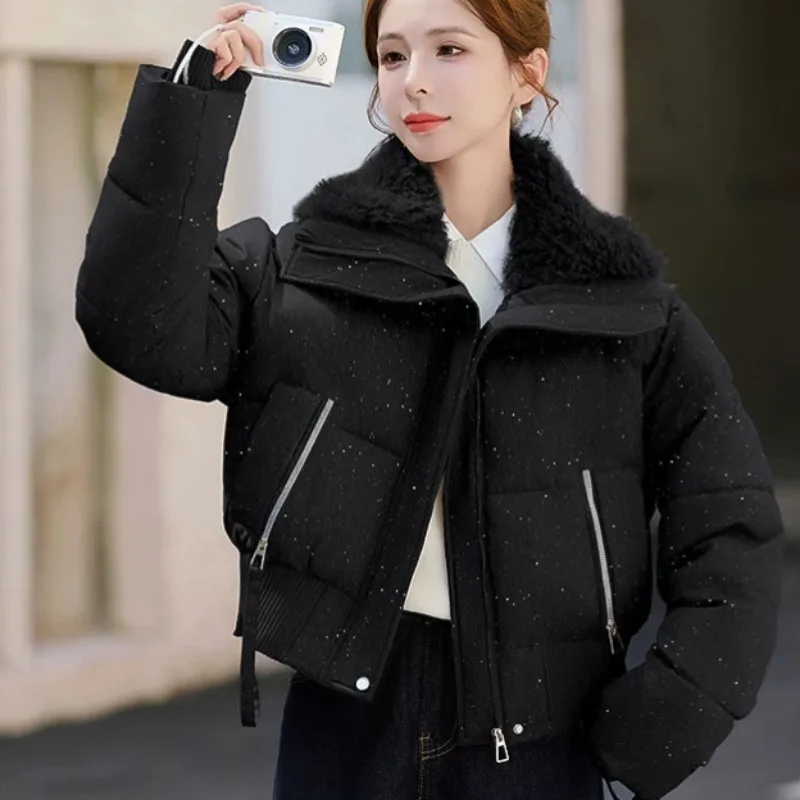 2026 Streetwear Glitter Winter Short Parkas Women's Down Cotton-padded Jacket Lamb Fur Collar Thicken Warm Coats Loose Outerwear
