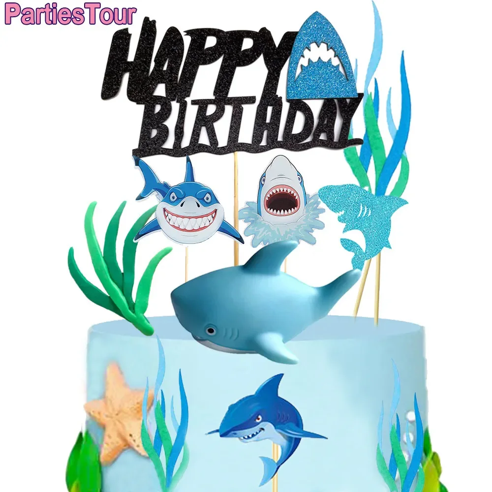 Sea Animals Cake Decor Cartoon Whale Shark Fish Cake Toppers Baby Party Shower Kids Happy Birthday Ocean Theme Party Decoration