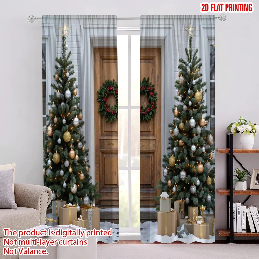 

2pcs 2D flat printing Christmas Window Drapes White wall snowflakes Christmas tree Christmas wreath Christmas Machine Washable