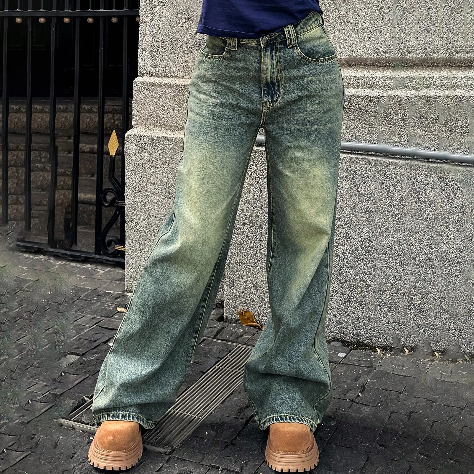 

Retro High Street Fashion Deep Color Jeans Women's Slim Straight Pants Female Y2K Wide Fit Baggy Harajuku Trousers