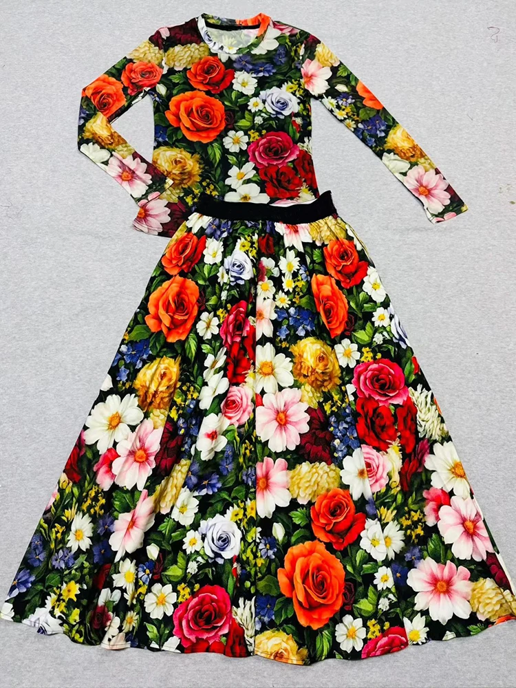 

Осень 2024, новый женский костюм с принтом, тонкий пуловер из эластичной сетки с длинными рукавами + большая юбка с эластичной резинкой на талии, модный костюм-двойка.