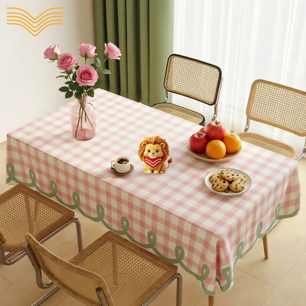 Fresh Plaid Rectangle Tablecloth Cute Scalloped Print Edge Desk Cloth For Dining Table Coffee Table Study Desk Waterproof