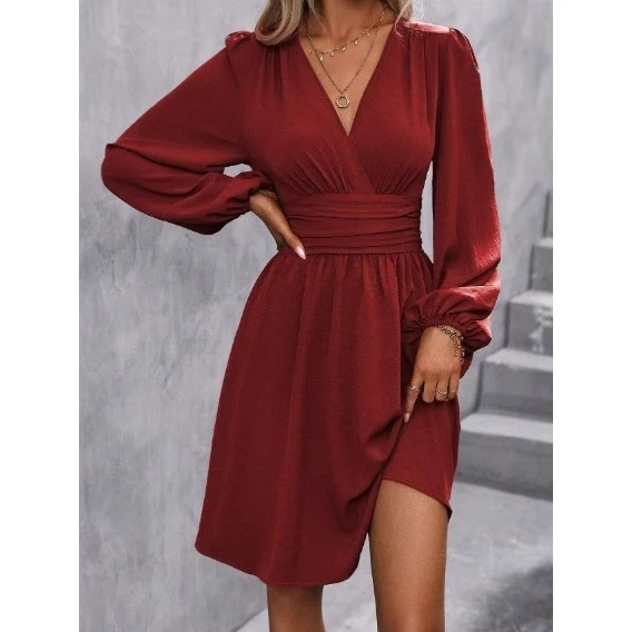 秋冬レディースハイウエストランタンスリーブガウン独立系サイトサイドネデザインロングスリーブデート用