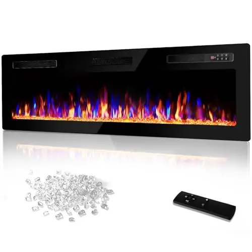 72 Inch Ultra Thin Electric Fireplace-Narrow Bezel Linear Fireplace Heater Recessed Wall Mounted, Remote and Screen
