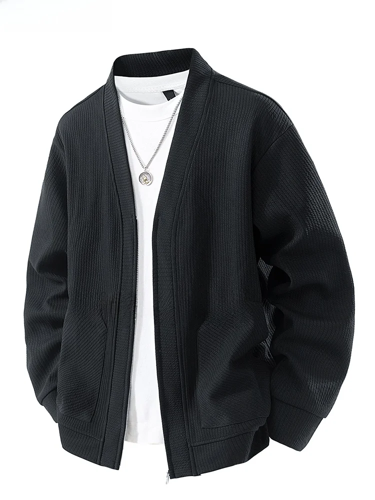 

Модный мужской вязаный кардиган с V-образным вырезом, свободный крой, большие размеры, однотонный, трендовый, осенняя верхняя одежда на молнии