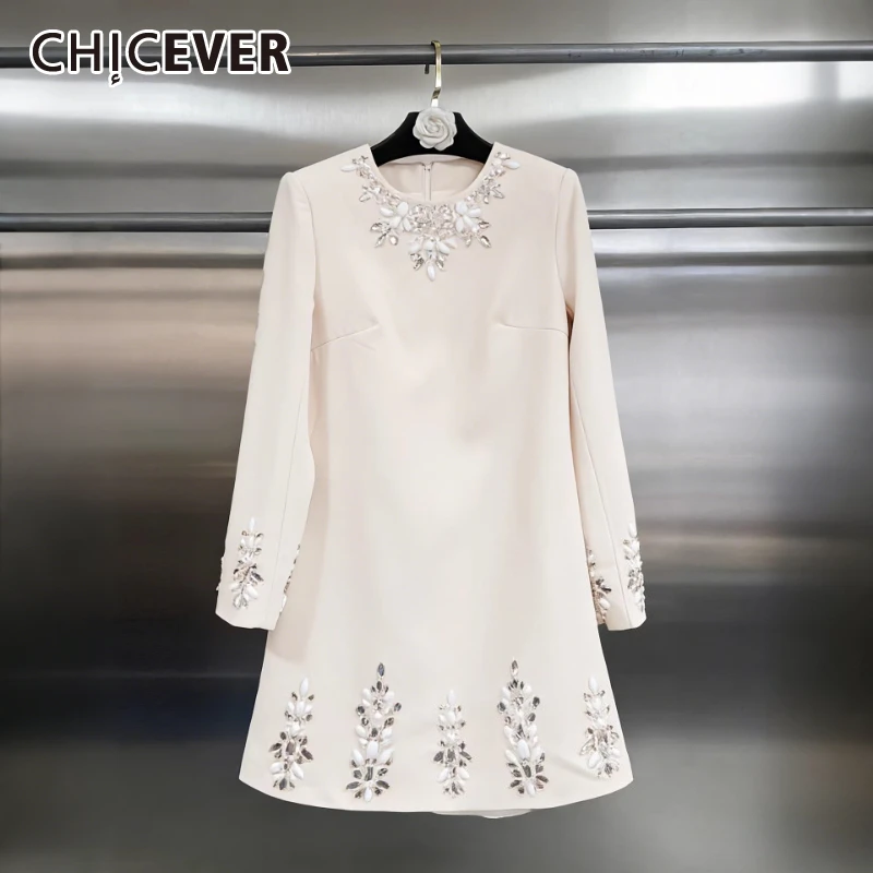 

CHICEVER абрикосовое платье с бриллиантами женское с круглым вырезом и длинным рукавом свободные элегантные интеллектуальные женские платья осенняя мода новинка