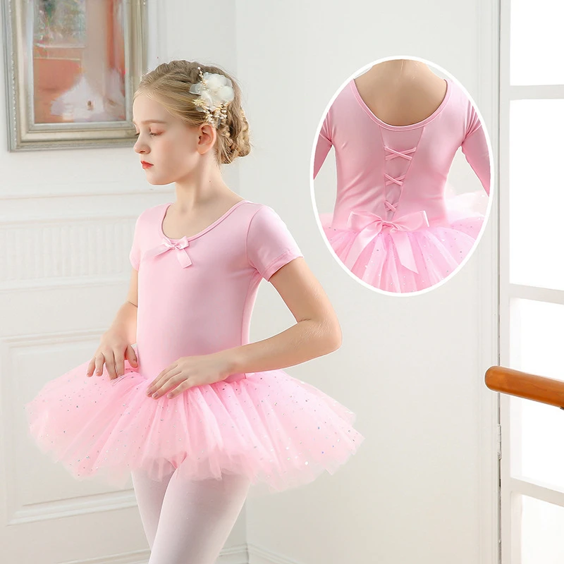 Girls Ballet Dance Tutu Dress Kids Short /Long Sleeves Tulle Bowknot Skate Gymnastics Christmas Birthday Party Leotard Dancewear