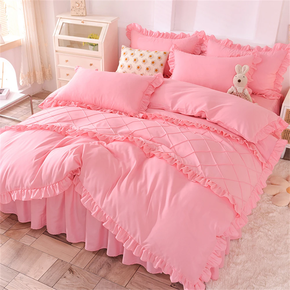 Bedding Set With Lace Soft Korean Princess Duvet Cover Set Bed Skirt Pillowcases Wedding Couple Bedclothes Quilt Cover for Girls