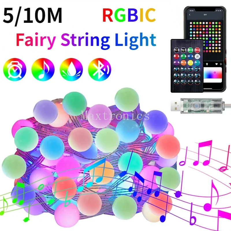 

5/10M RGB IC Christmas Tree Fairy String Light LED Ball Lamp Bluetooth Multi-Color Waterproof Outdoor Wedding Party Decor Lamp