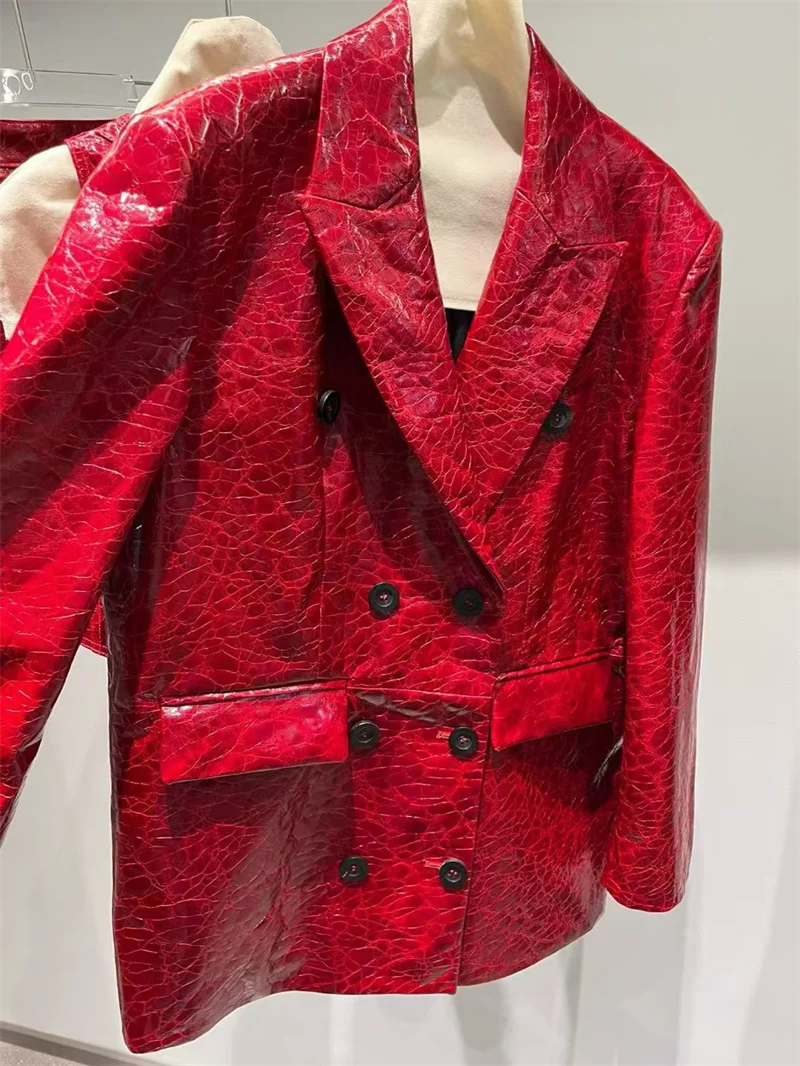 Casacos de couro verdadeiro feminino, jaqueta de pele de carneiro, blazer de couro genuíno, sobretudo vermelho, alta moda