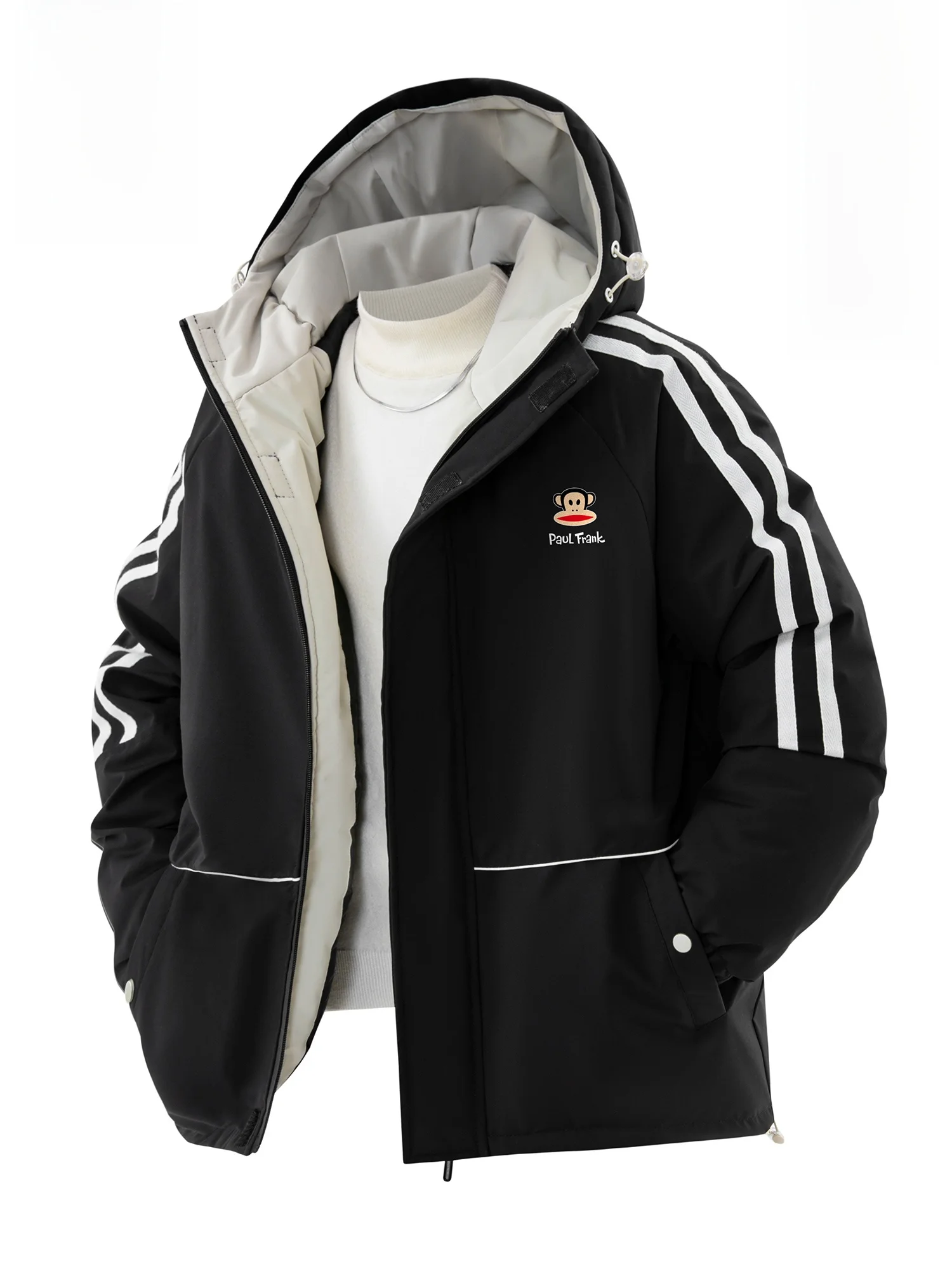 

PaulFrank Thiened Winter Jaet Men's Casual Loose Fit Hooded Coat Warm Cotton Polyester Fiber Stripe Pattern Youth Faion