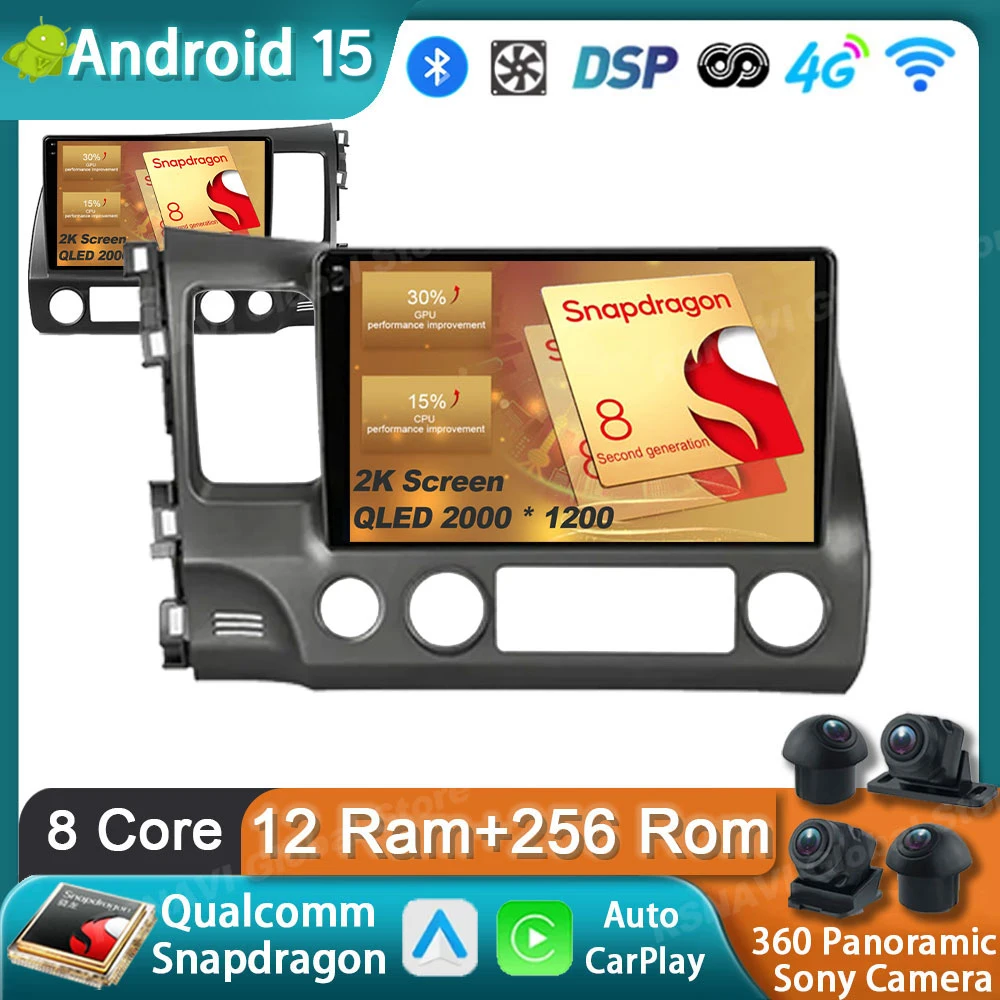

Car Radio Android 15 For Honda Civic 8 FK FN FD 2005 - 2012 LHD Multimedia Player Navigation GPS Carplay Stereo BT Head Unit DSP