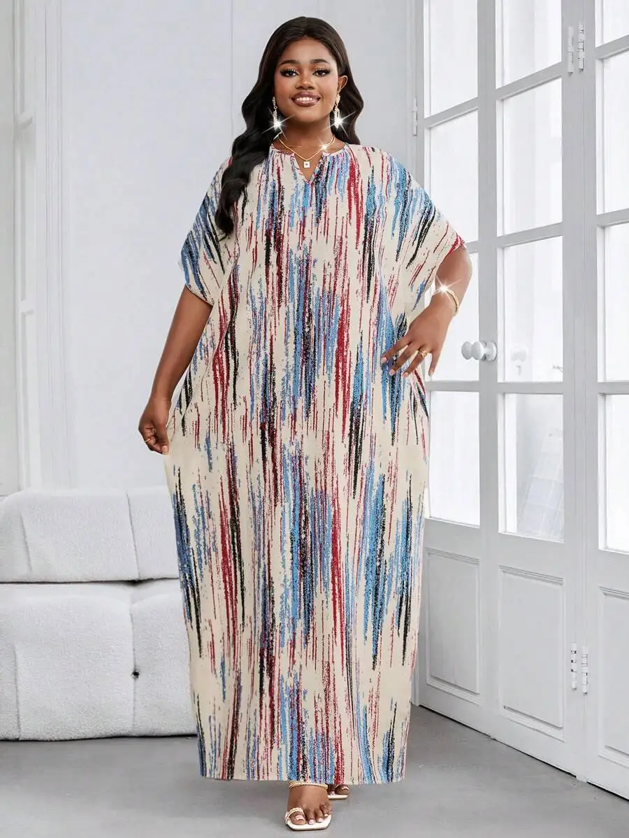 

Elegant Casual V-Neck Striped Print Long Dress With Butterfly Sleeves Plus Size Women Maxi Dress For Beach Party Vacation