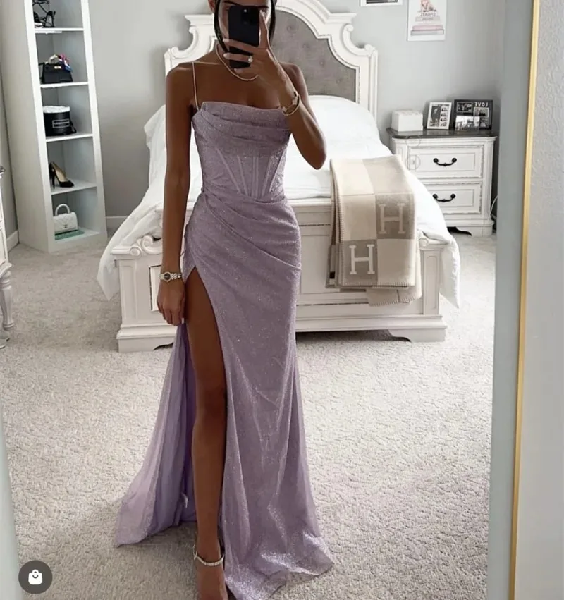 

2024 Fishtail Prom Dress Glitter Popular Strap Side Slit Formal Evening Dress Eleagnt Trumpet Wedding Party Gowns Banquet Robe