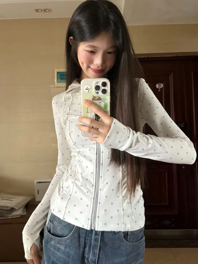Korean Elegant Polka Dot Stand Collar Zip Up Sweatshirts Long Sleeve Women's Slim Fit Sunproof Top Y2k Daily Casual Chic Outfits