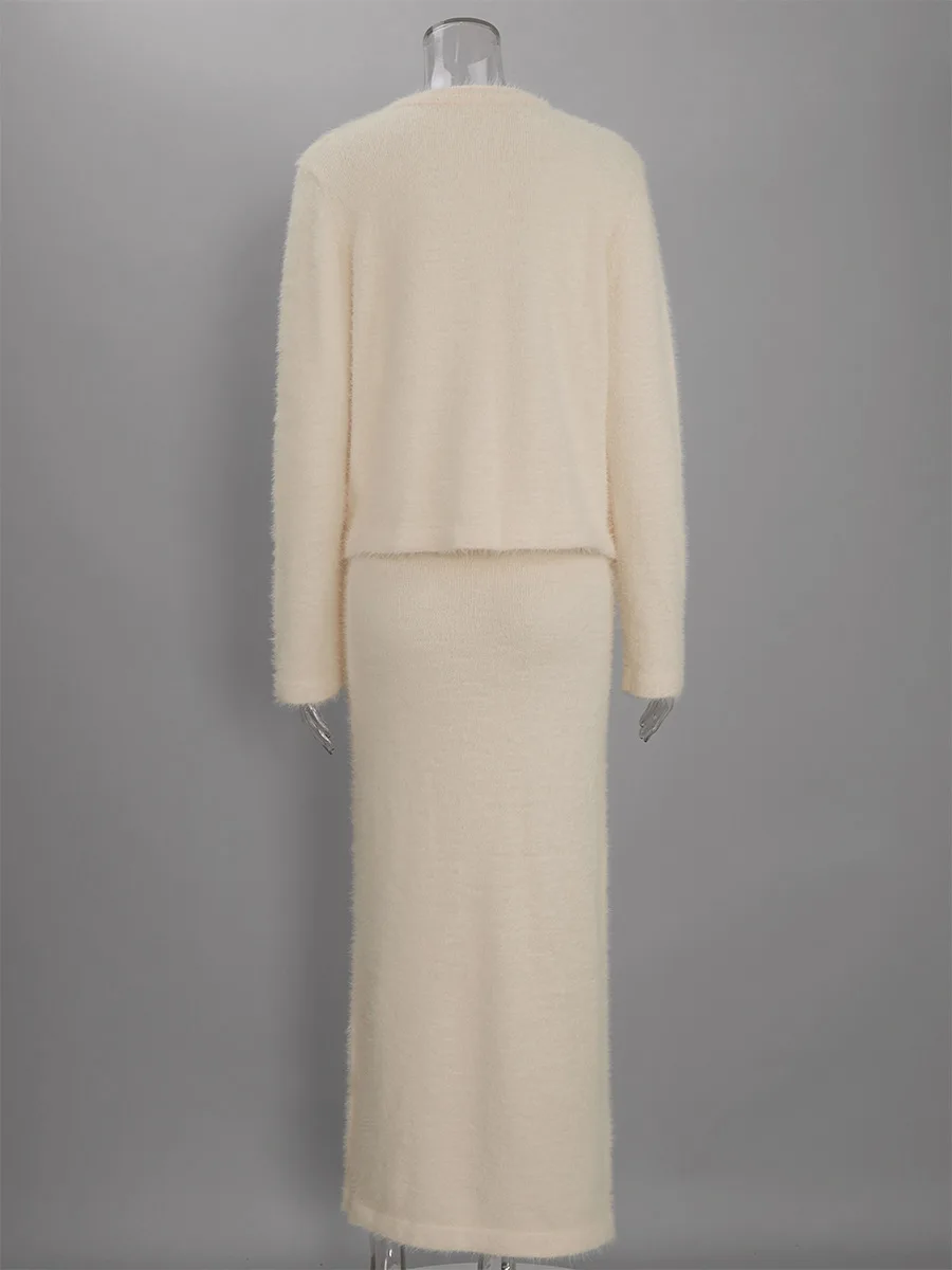 Women's Elegant Fuzzy Fleece Button Down Cardigan And Maxi Skirt Elegant Party Two Piece Set