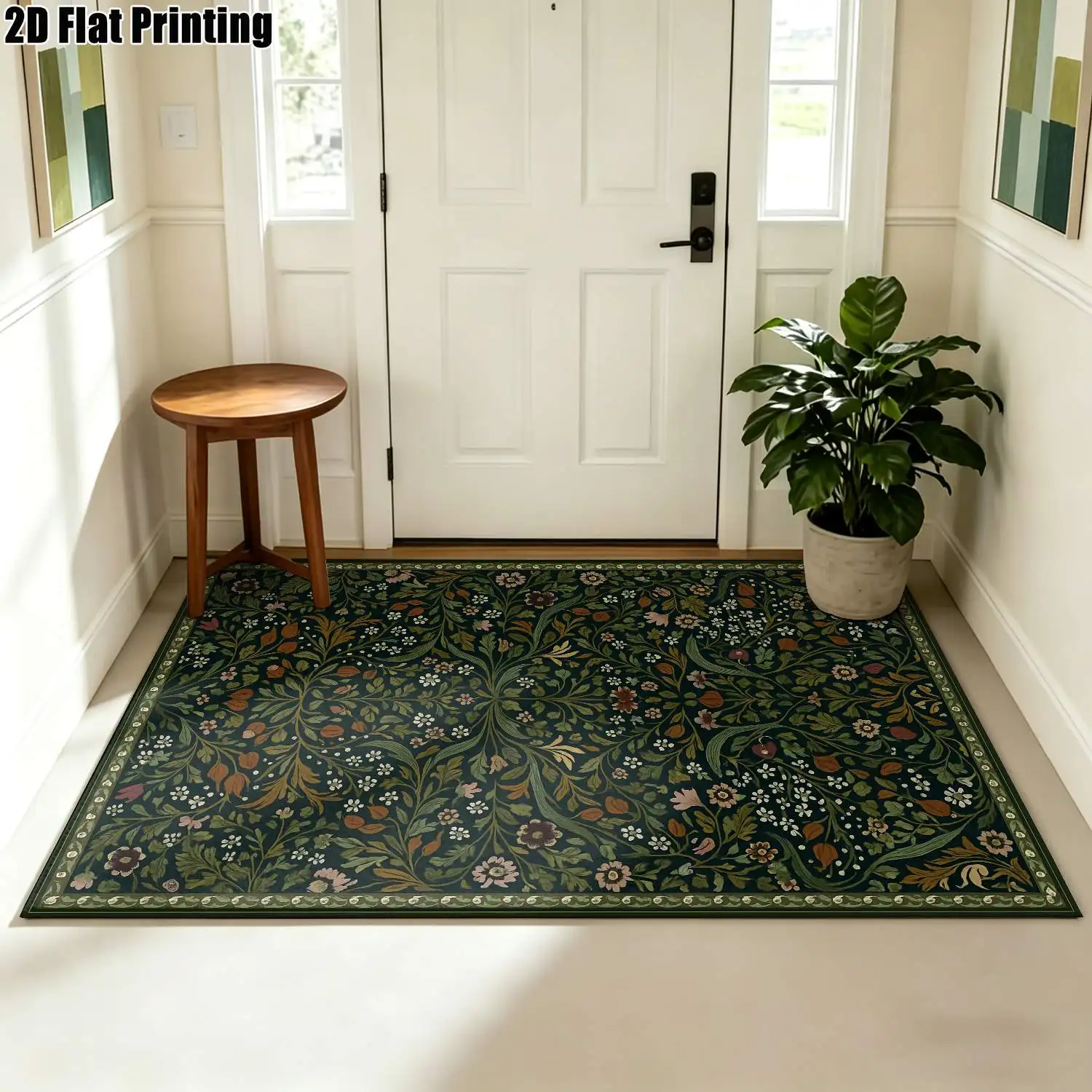 1Pc 2D Printed Carpet: Dark Green Base, Brown-Red Floral Patterns Retro, European, Bohemian, Geometric-Line Styles, Machine Washable, Multi-Size, Ideal for Living Room, Bedroom, Dining Room, Entryway, Study Home Decor.