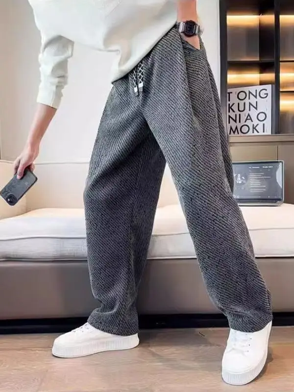 American Style Loose Men's Pants Chenille Fabric Straight Leg Pants Unisex Wide Leg Casual Fleece Lined Thickened Sweatpants