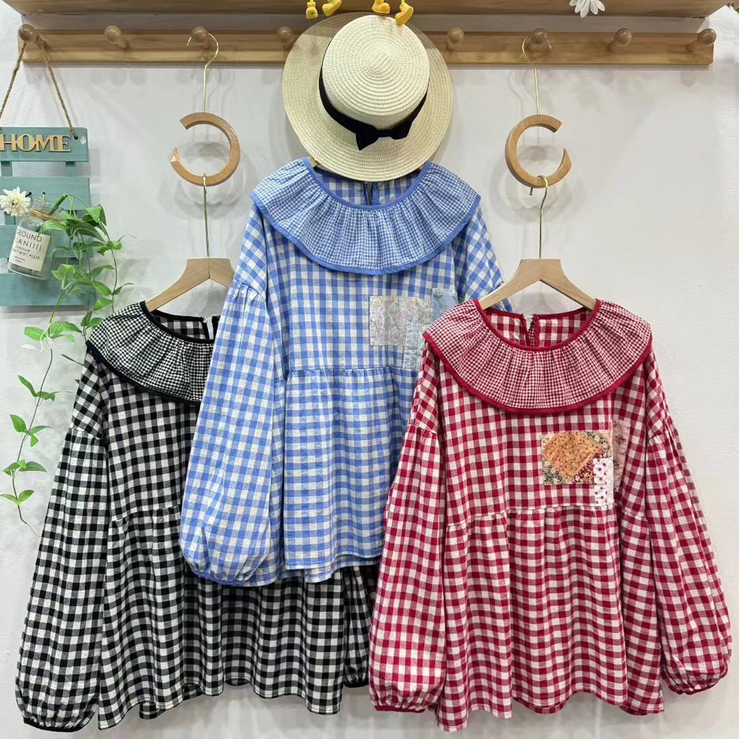 Colletto per bambola da ragazza carina lungo Sve irt Top da donna in cotone casual con vestibilità ampia scozzese floreale vintage giapponese