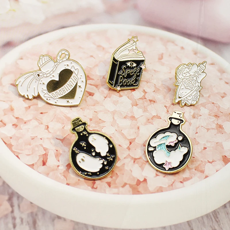 Perfume Liquid medicine Magic Book bottle Lapel Brooch Dark Badges Gift Gothic Spell Book Magic Enamel Pins rose ghost stars