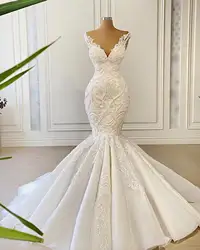 Elegant White Mermaid Wedding Dress Lace Appliques Sleeveless Sweep Train Custom Bridal Gowns New Arrival Female Robe De Mariée