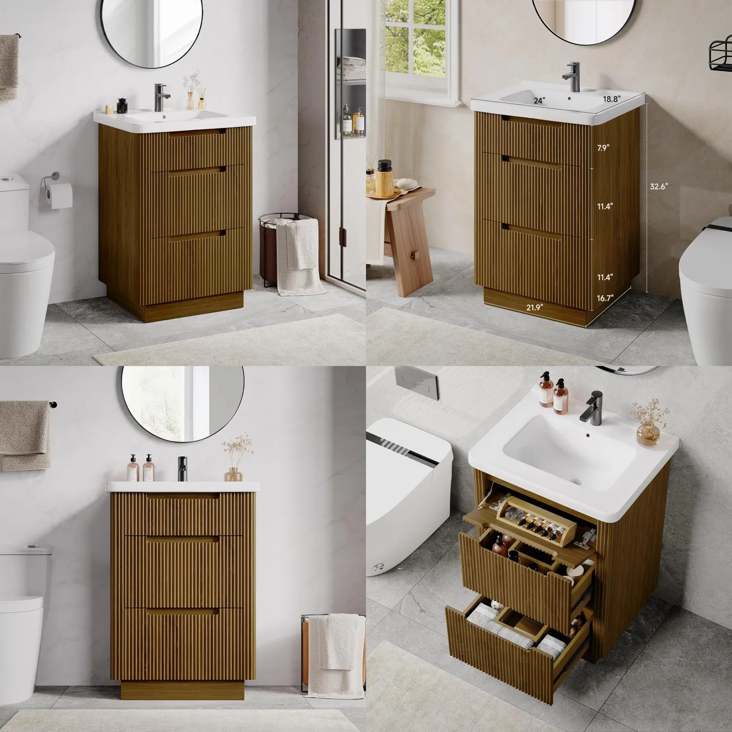 

24" Fluted Vanity Sink Combo Freestanding 3 Drawers Ceramic Integrated Small Apartment Walnut, Customized