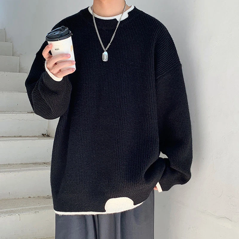 Spring And Autumn Fake Two Piece Long Sleeve Men O Neck Sweater Teenager Fashion All-match Oversized Knitted Couple Clothing Top