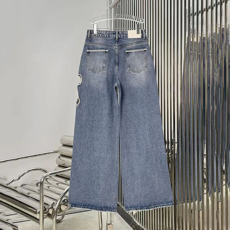 Women's Washed Denim Pants, Bow-Detail Openwork Rhinestone-Embellished Wide-Leg Pants, High-Quality Straight-Leg Pants, 2026,y2k
