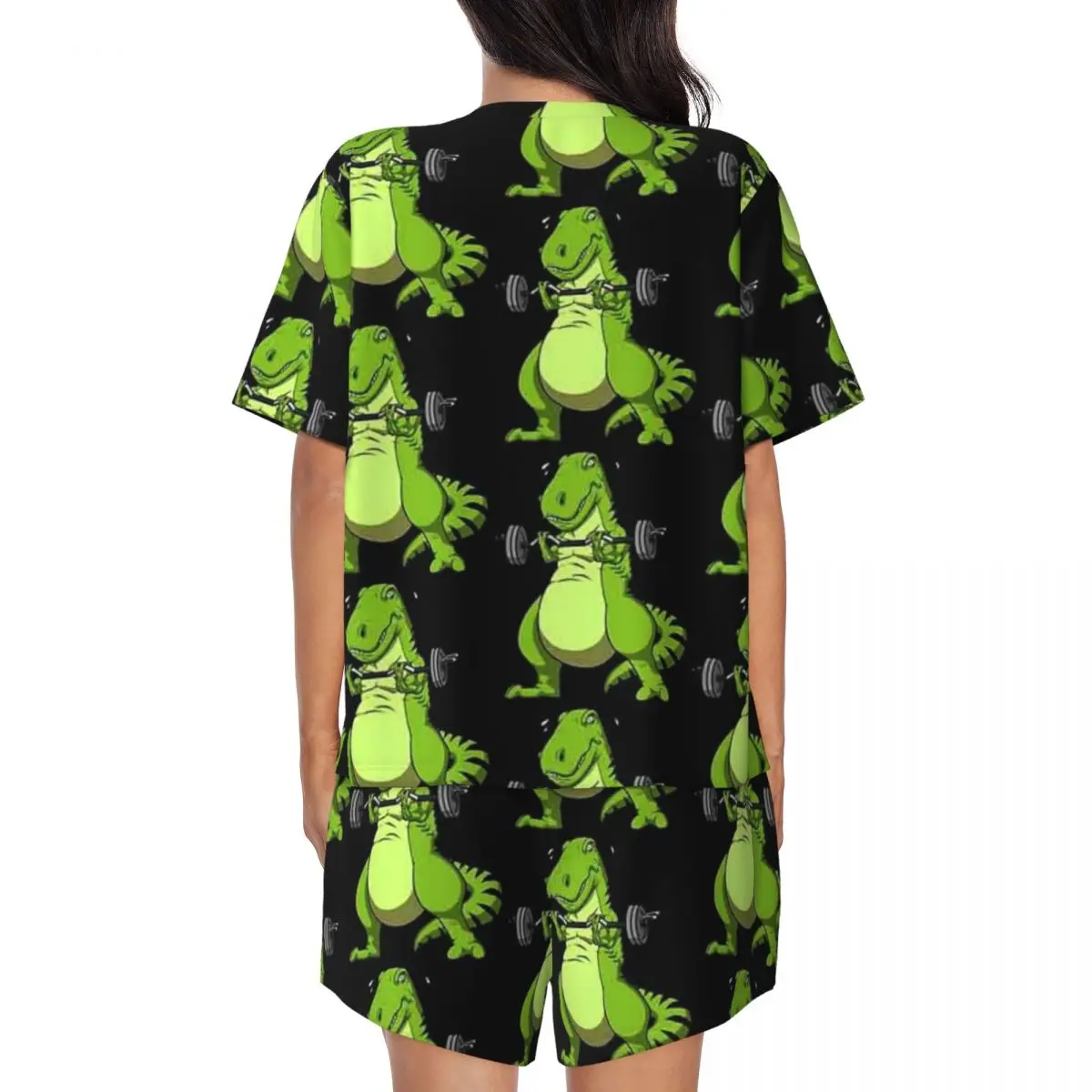 T-Rex Dinosaur Fitness Round Neck Short Sleeve Nightgowns for Sleeping Sleepshirts Women Loose Pajama Set Short Pants