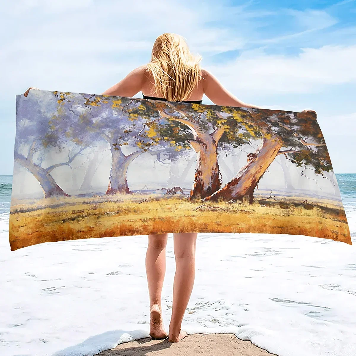 Tree Oil Painting Beach Towel,Microfiber Quick-Drying Bath Towel Convenient Thin Blanket Lightweight Sandless Bath Towels