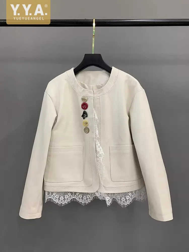 

Осенняя женская куртка из натуральной кожи, модная кружевная куртка на пуговицах, офисная женская верхняя одежда, повседневное короткое пальто с длинным рукавом и круглым вырезом