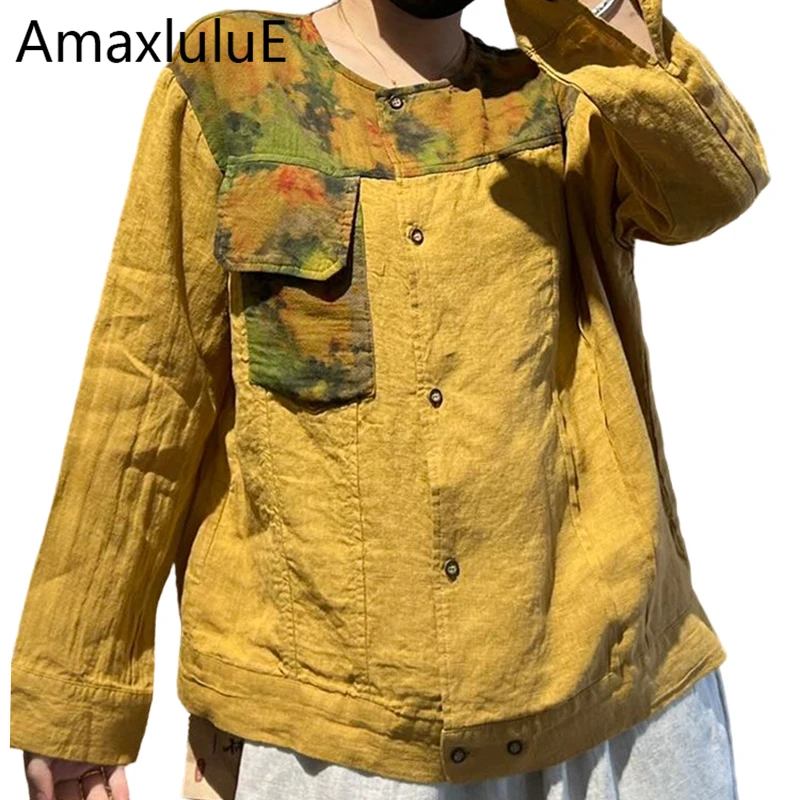 Amax LuluE Chinese Fall Women Printed Fashion Jacket Cotton O Neck Coats Ladies Vintage Loose Classic Causal Patchwork Outerwear