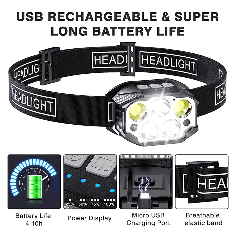 1200LM Super Bright Motion Sensor Headlamp Outdoor Waterproof Head Flashlight USB Rechargeable Headlight for Fishing Camping